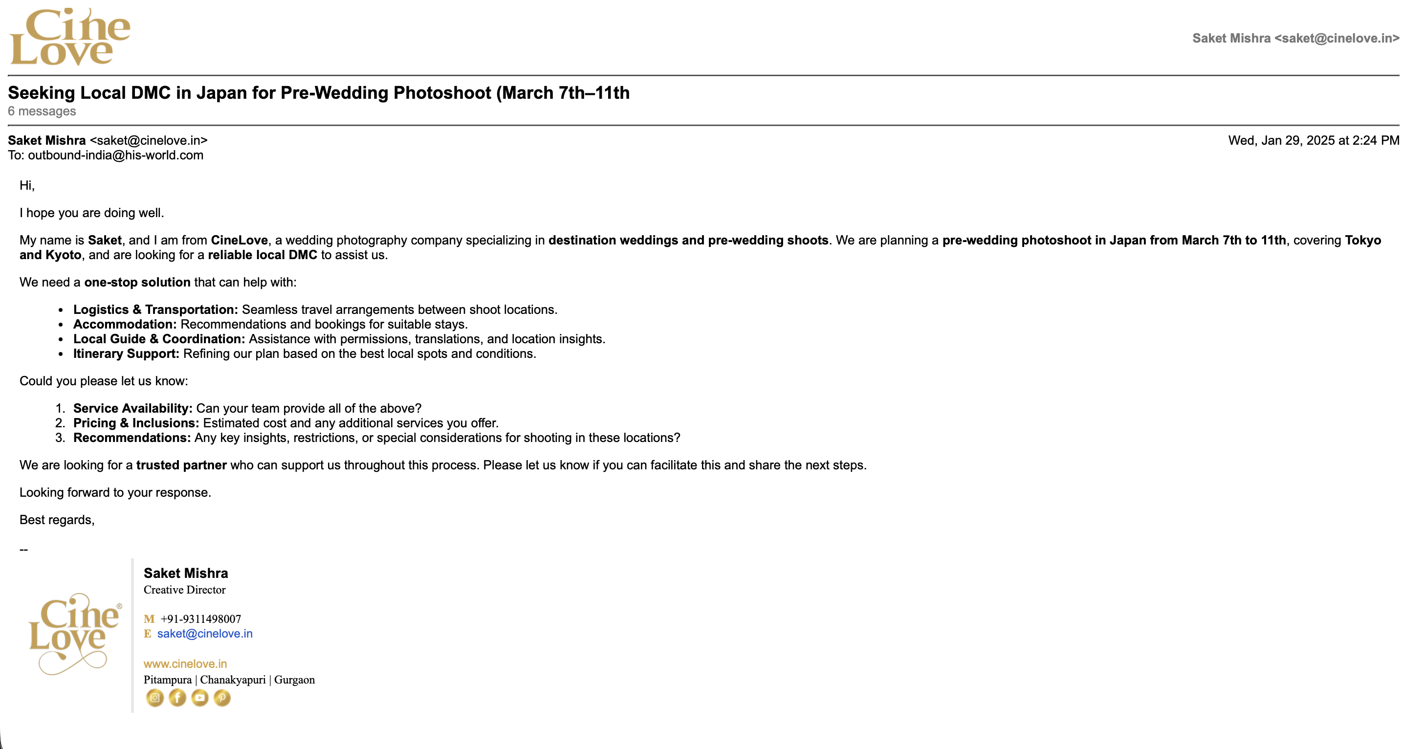 Email sent to a local DMC in Japan for commute and shoot support