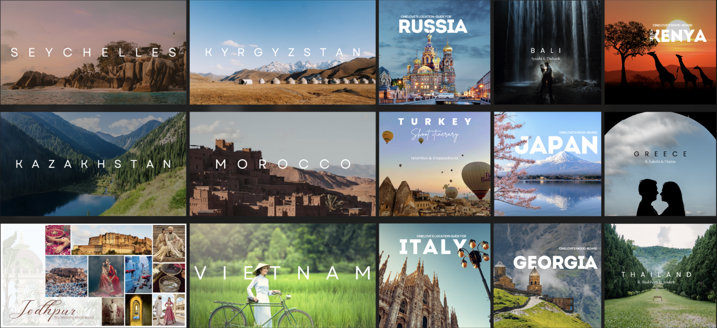 CineLove destination planning board featuring multiple country mood boards