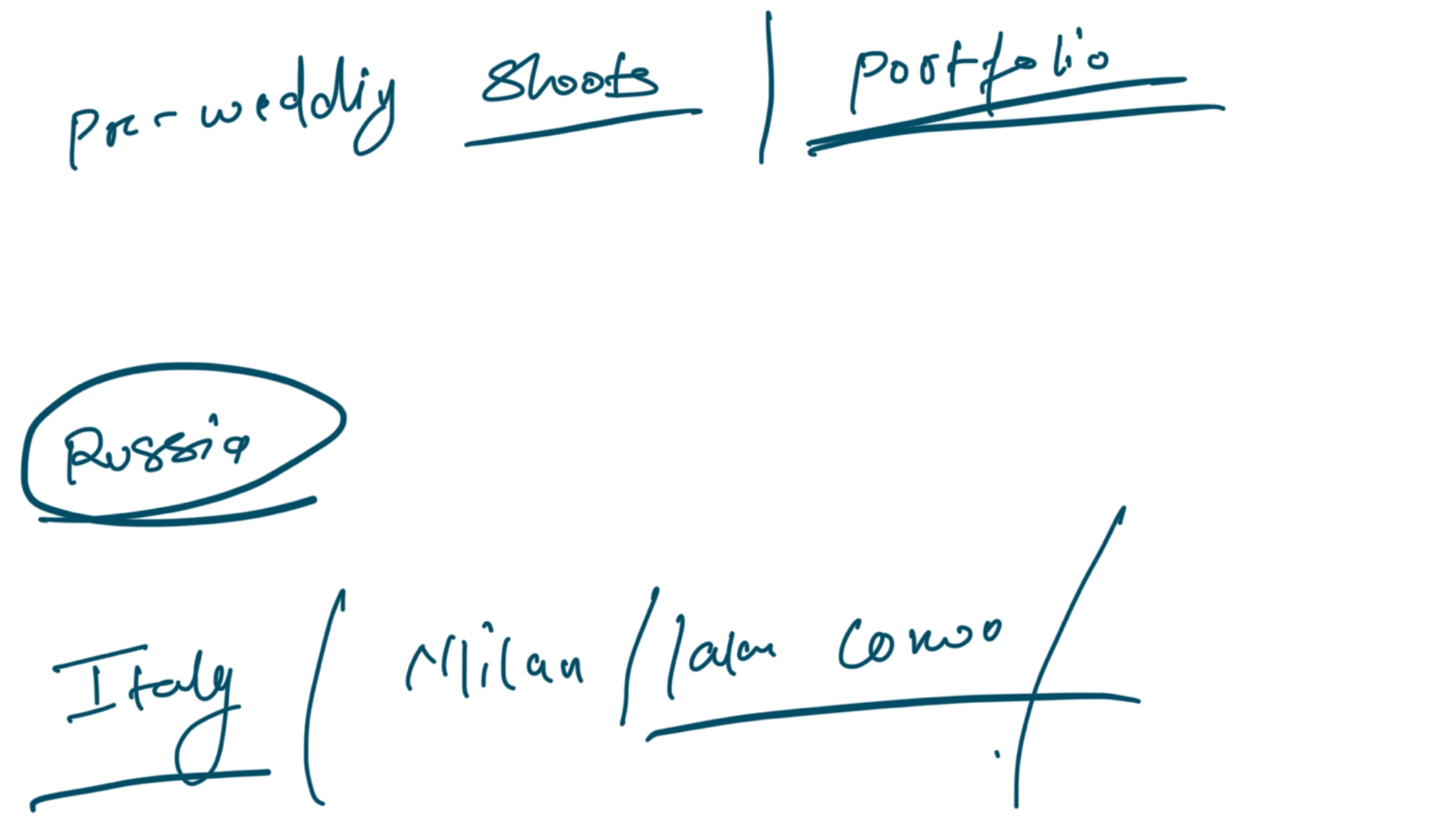 Handwritten planning notes comparing destinations and priorities for the pre-wedding shoot