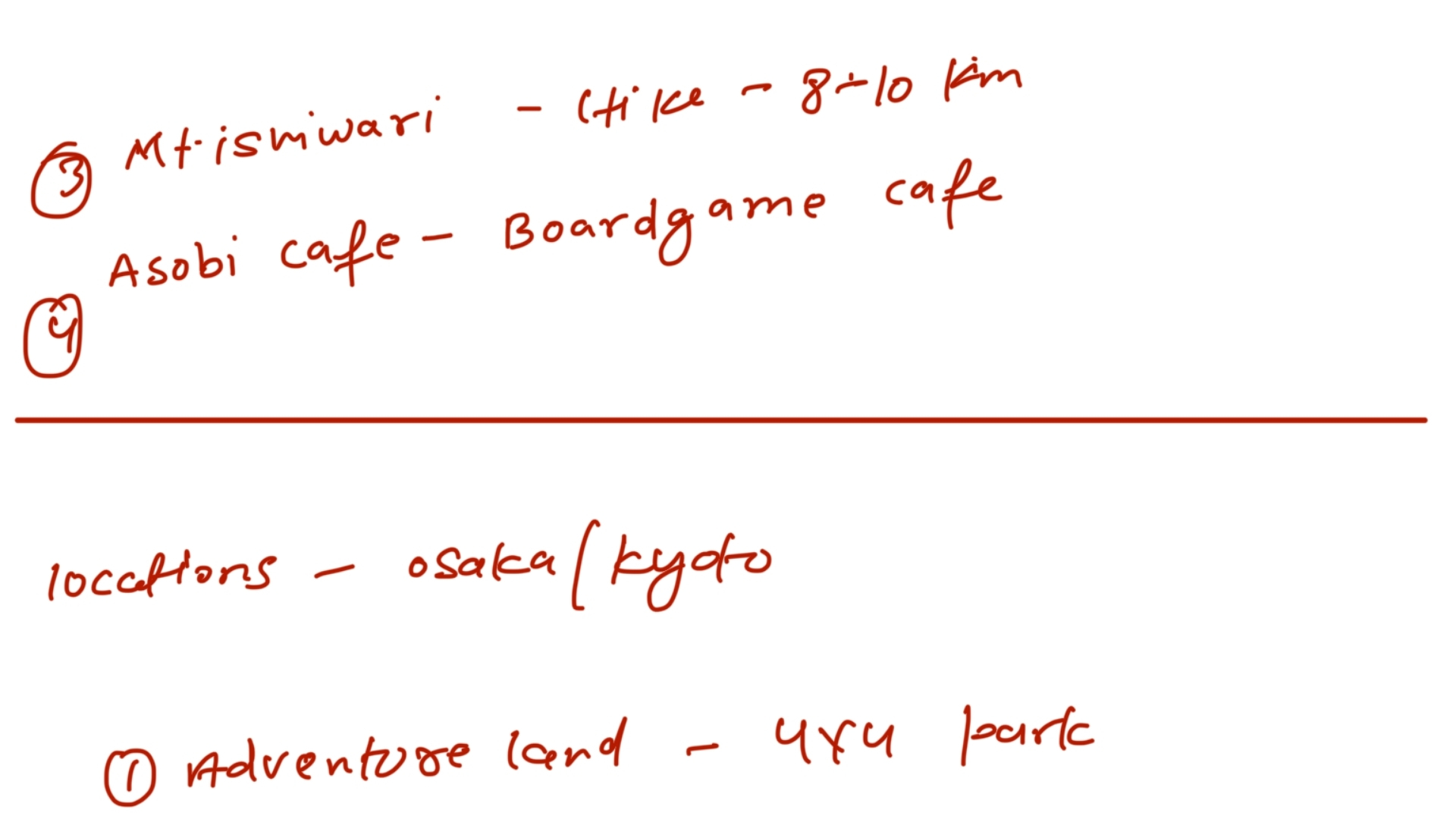 Further handwritten location scouting notes for Osaka, Kyoto, and surrounding shoot possibilities in Japan