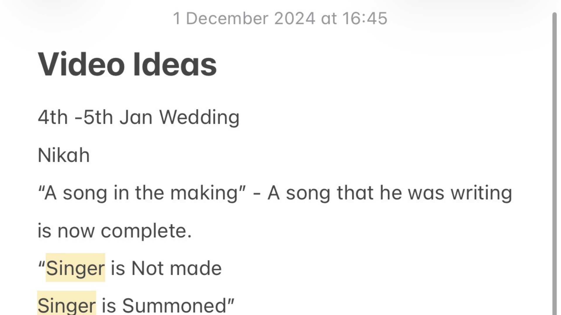 Initial note for the wedding film concept