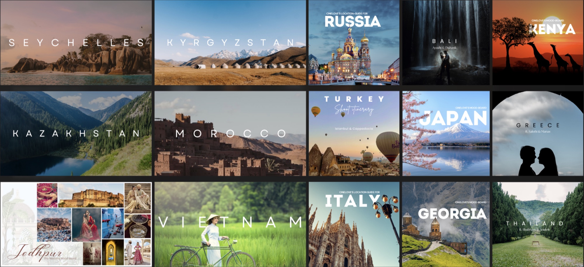 CineLove destination planning board featuring multiple country mood boards